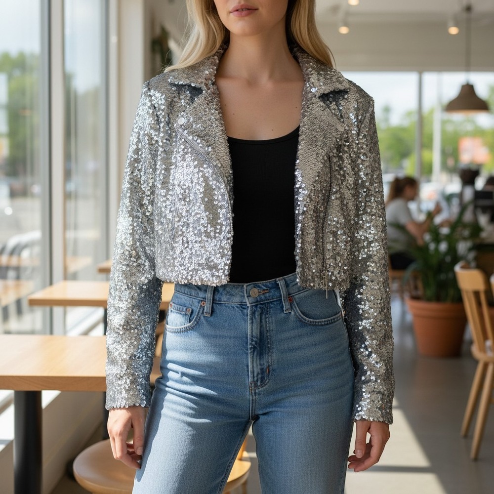 NWT Grey Lab Silver Sequin Cropped Shirt Jacket HN2515T Small